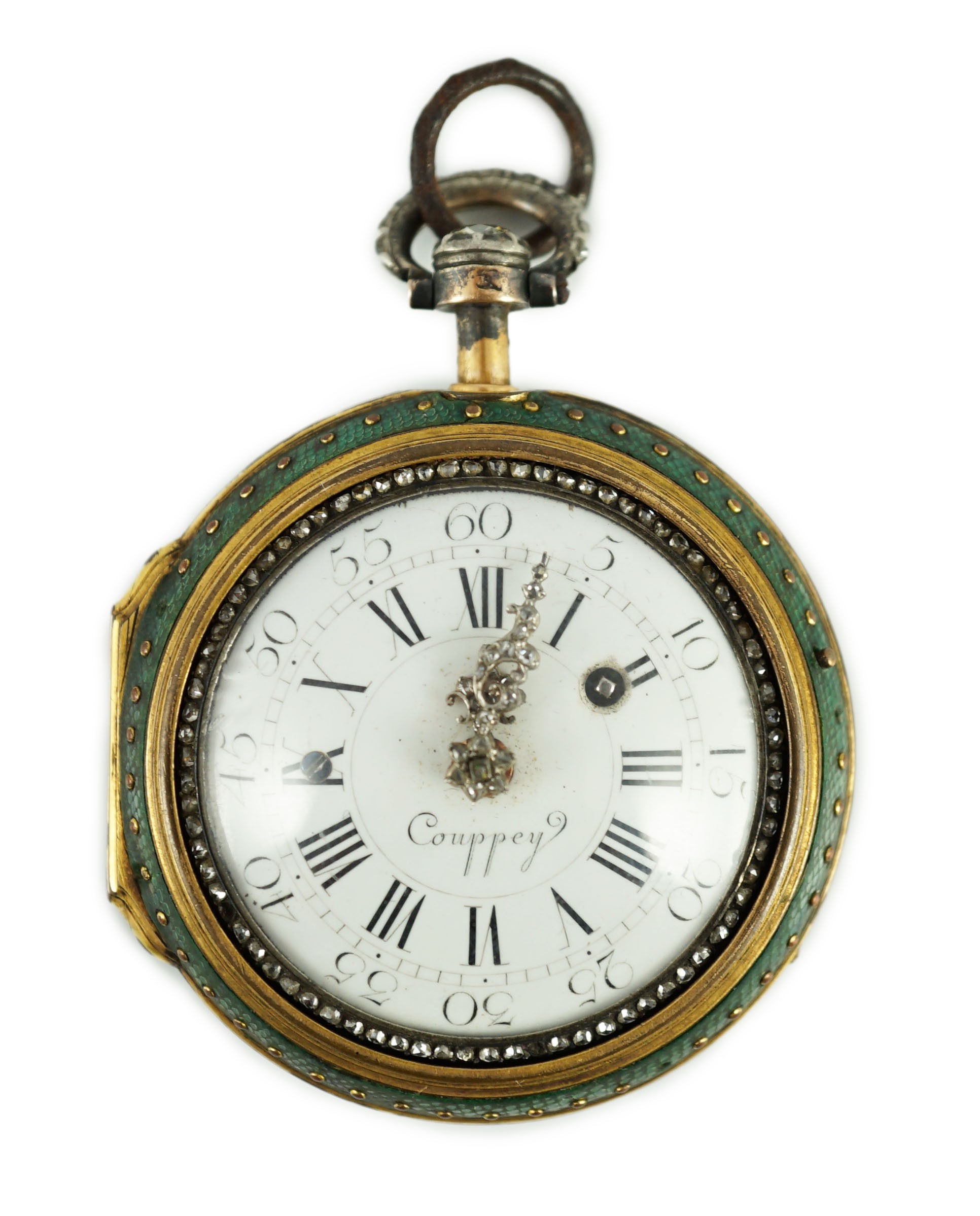 A late 18th century Louis XVI gold, shagreen, enamel and rose cut diamond set pair cased key wind pocket watch by Jean André Couppey, Paris